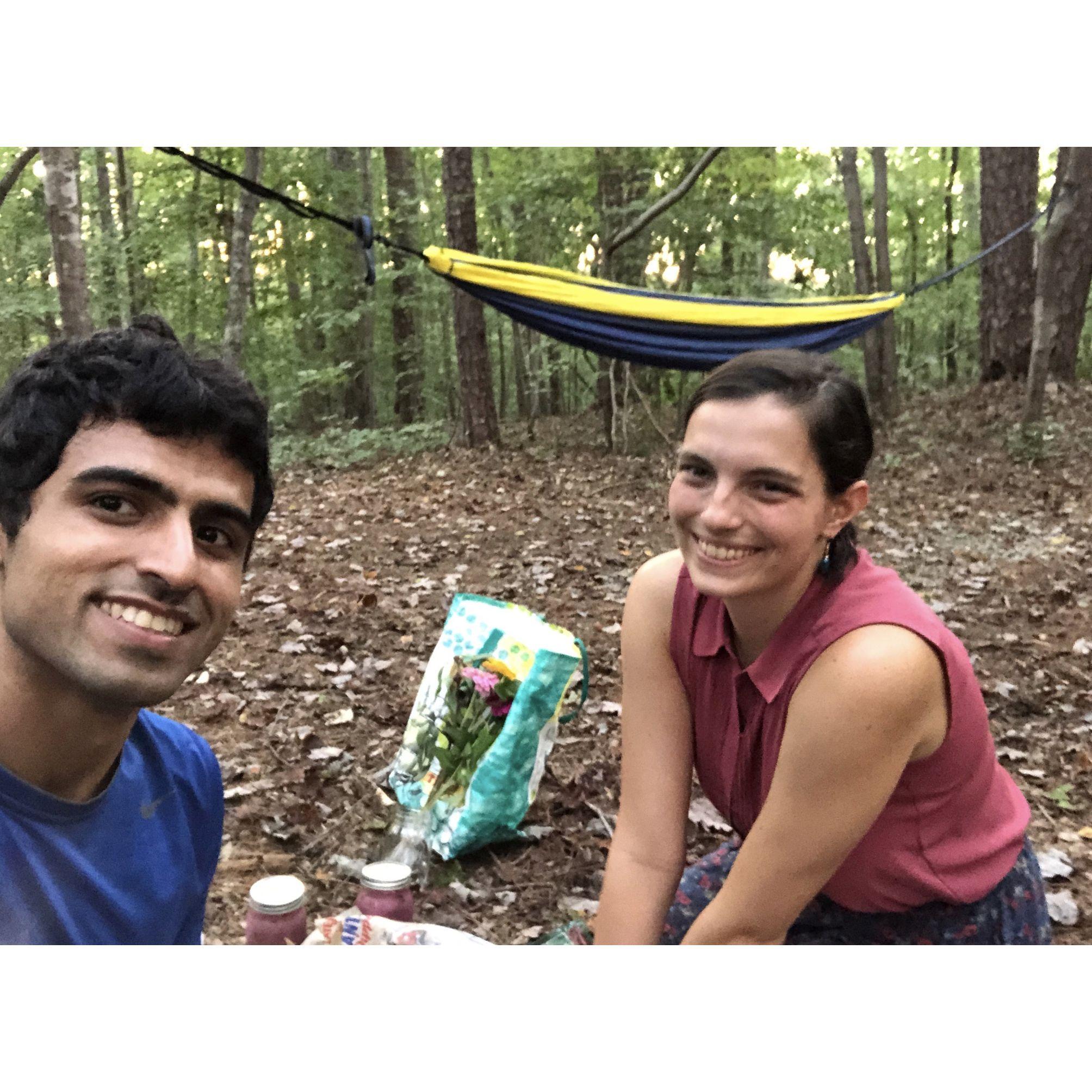 Bijan took Rebecca on their first date to the Duke Forest. He set up a beautiful picnic with all of Rebecca's favorite foods!