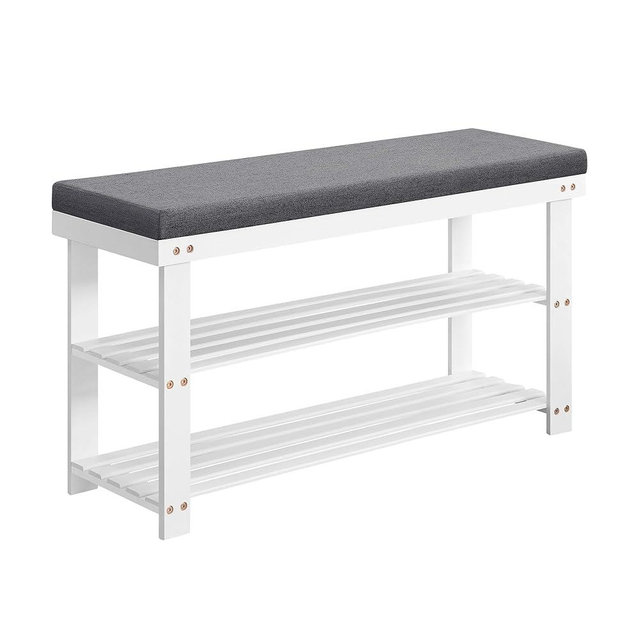 SONGMICS Bamboo Shoe Bench, 3-Tier Shoe Rack, Stable Shoe Organizer for Entryway, Living Room, Bench Seat Holds Up to 300 lb, 11.4 x 35.4 x 19.3 Inches, White and Gray ULBS904W01