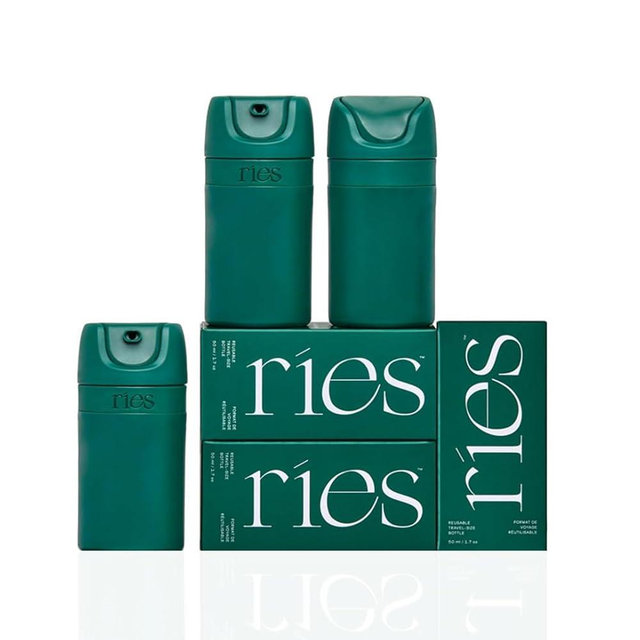 RIES Starter Set Toiletry Travel Bottles – Set of 3 (1.7oz) Airless Pump Containers for Shampoo, Conditioner, Body, Face – Leak-Proof, TSA-Approved, Dishwasher Safe- (Escapade Green)