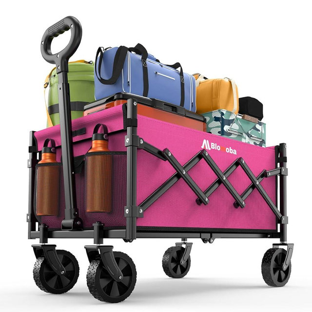 Collapsible Wagon with Wheels, 220 lbs Wagons Carts Foldable Wagon Cart with Flexible Handle, Lightweight Portable Folding Utility Grocery Shopping Cart for Grocery Sports Garden Camping, Pink
