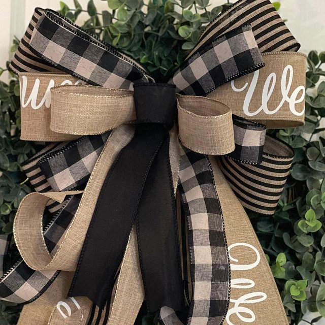 Farmhouse 'Welcome' Wreath Bow, Black & Beige Decor