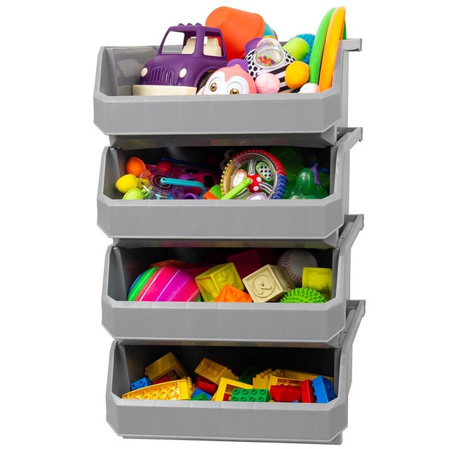 ReadySpace Plastic Containers for Organizing and Storage Bins for Closet, Kitchen, Office, Garage or Pantry Organization, Stackable Bins, Extra Large (14.8" x 16.5" x 7"), 4-Pack, Grey