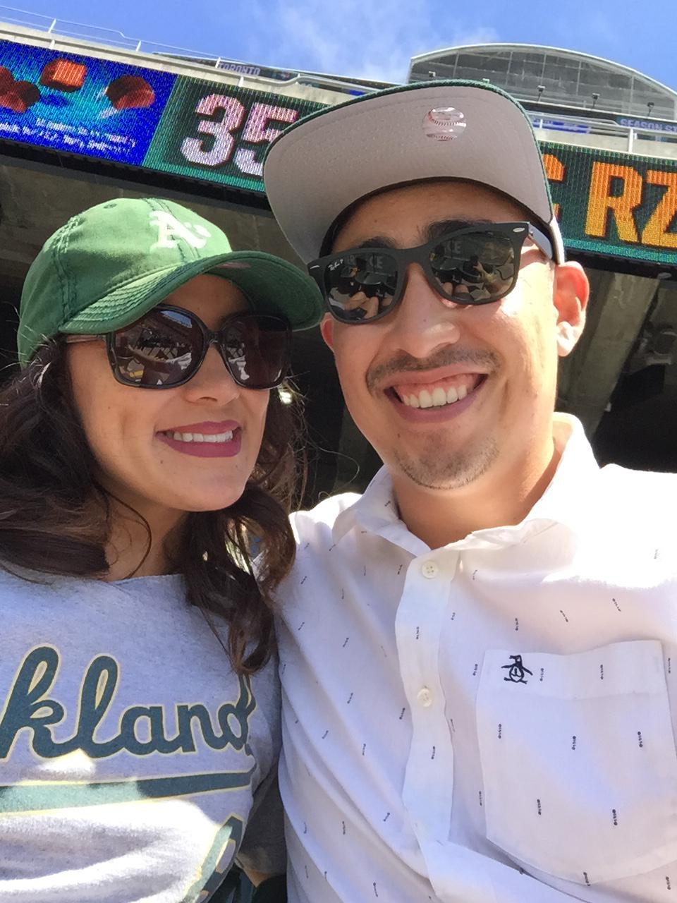 Very 1st picture together. Mayra took Marcos to an A’s game when they first started dating. Marcos was a Giants fan at the time. Since then they've made a tradition to attend a home opener.