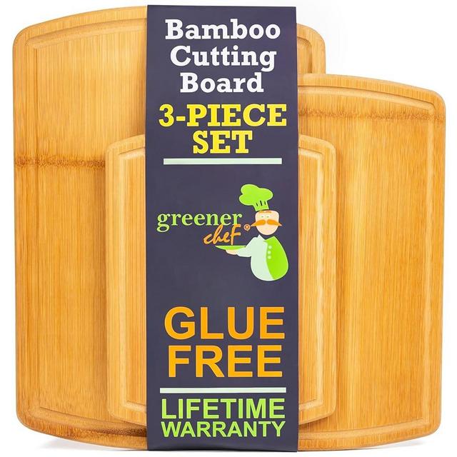 Greener Chef Safest No Glue Organic Bamboo Cutting Board Set of 3 – 62% More Cutting Area - Lifetime Replacements, Family-Friendly Wooden Cutting Boards for Kitchen - Wooden Cutting Board Set