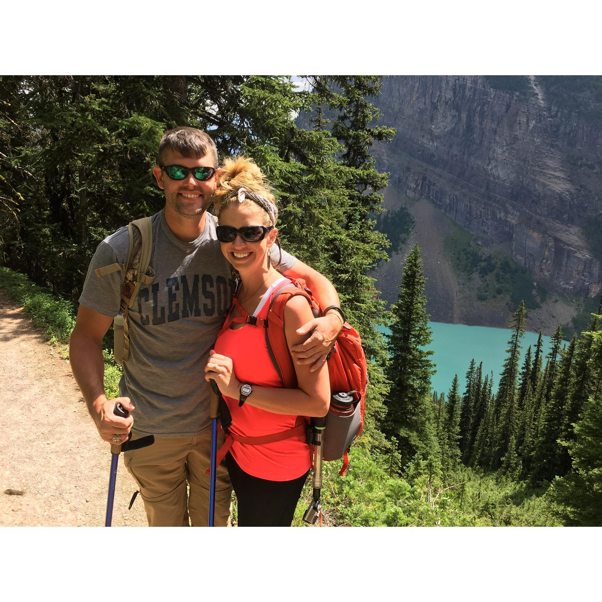 The first photo of us as an engaged couple, high above Lake Louise.