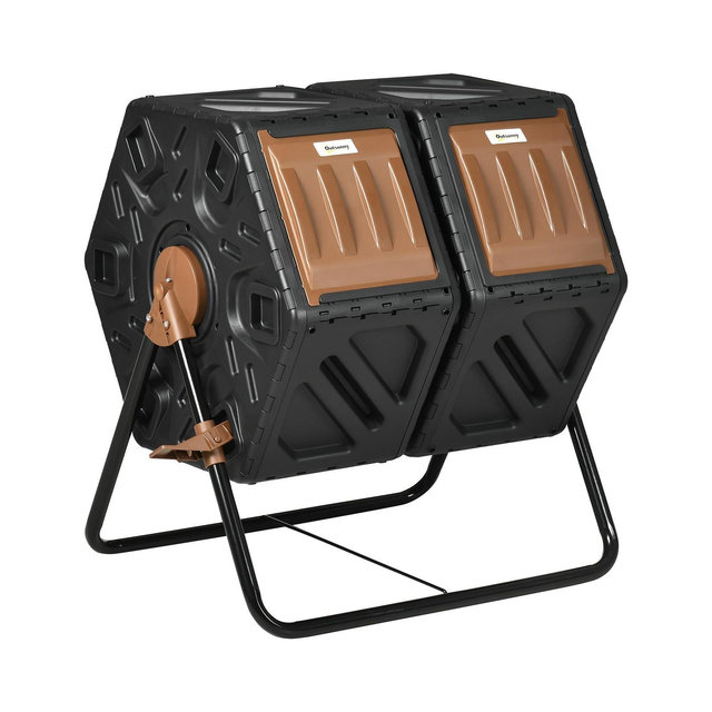 Outsunny Dual Chamber Compost Bin, Rotating Composter, Compost Tumbler with Ventilation Openings and Steel Legs, 34.5 Gallon