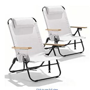 2 Pack Premium 5-Position Reclining Camping Chair - Portable Folding Lightweight Outdoor Chair with Wooden Armrests, Headrest & Pockets, 350lbs Heavy Duty for Beach, Patio, Cream White