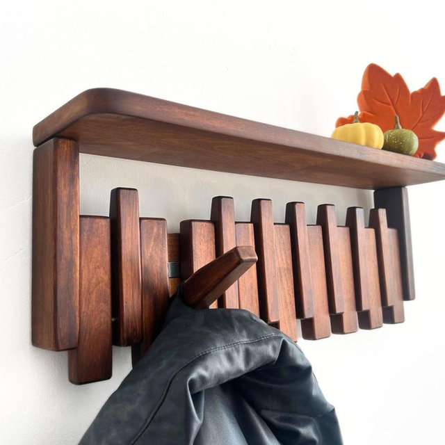 Solid Wood Piano Coat Rack With Shelf, Wooden Coat Hooks, Wall Mounted Shelf Coat Rack, Walnut Colored Rustic Floating Shelf, Fall Decor