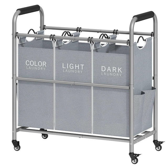Tajsoon 3 Bag Laundry Sorter Cart, Laundry Hamper Sorter Basket with Heavy Duty Lockable Rolling Wheels for Clothes Storage, Grey & White