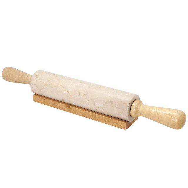 Creative Home Deluxe Natural Champagne Marble Rolling Pin With Wooden Cradle, 18”L