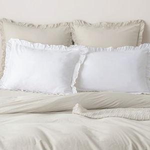 PHF 100% Washed Cotton Ruffle Pillowcases King Size, 2 Pack 20" X 36" Pillow Shams, No Insert, Ultra Soft Cotton Pillow Cases,Decorative Farmhouse Bedding, White