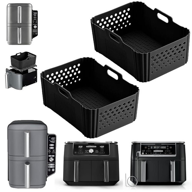 2 Pack Silicone Air Fryer Liners for Ninja 10QT DualZone DZ401 DZ550 DZ302, Reusable Rectangle Non-Stick Basket Liners, Compatible with Ninja Foodi DoubleStack SL401 SL400 & Other 10 QT Air Fryers