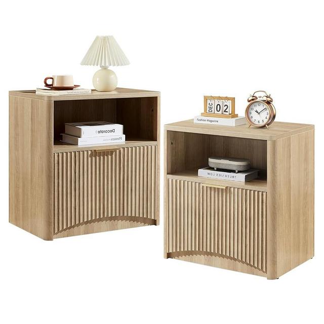 Evermagin Fluted Nightstand Set of 2, Natural Oak Bedside Table with Drawer and Storage, Wood Night Stand Mid Century Modern, Large End Table for Bedroom