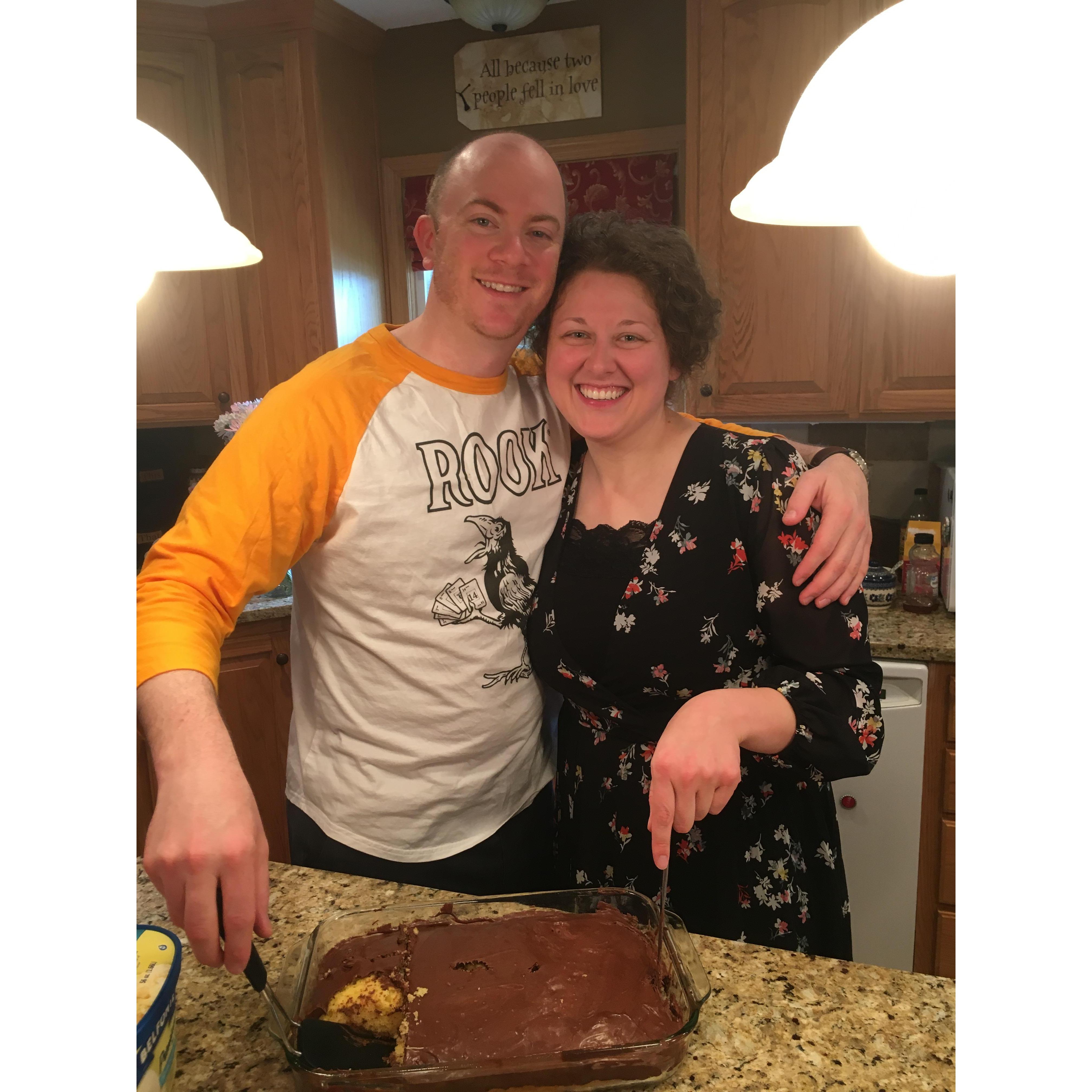 Matts Birthday, May 2019, with our favorite cake, yellow with chocolate frosting