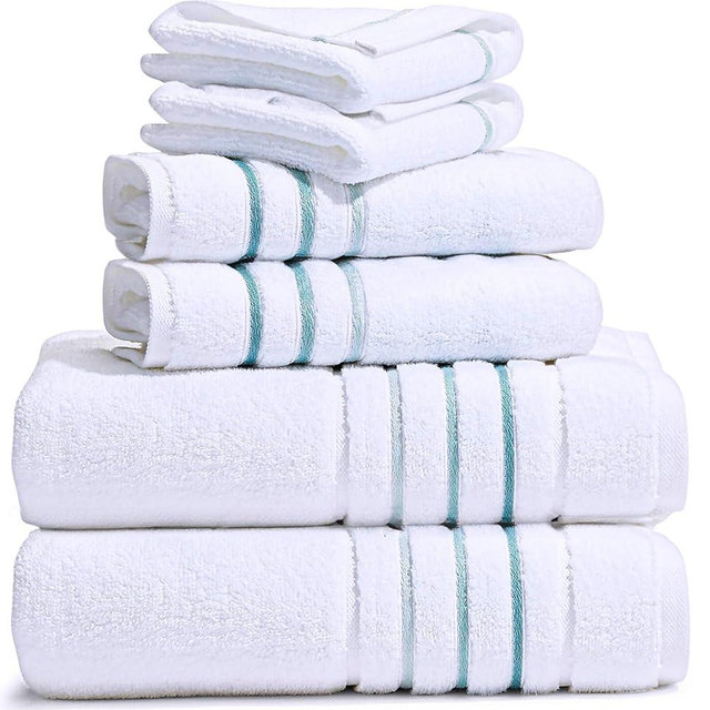 Bath Towel Set_White Towel For Bathroom, Luxury Hotel &Spa Quality, 100% Cotton .Includes 2 Large Bath Towels, 2 Hand Towels and 2 Washcloths.Super Soft, Absorbent & Decorative (White/Green Aqua)