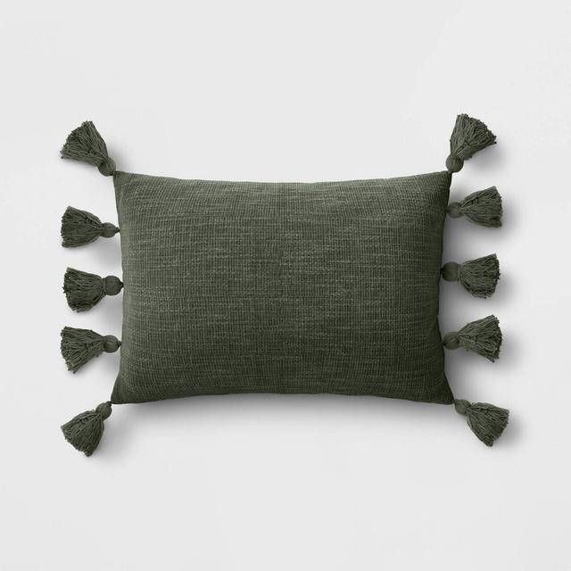 Textured Woven Lumbar Throw Pillow with Tassels Forest Green - Threshold™