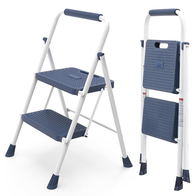Sweetcrispy 2 Step Ladder, 800lbs Heavy-Duty Folding Step Stool | Lightweight Portable Stepping Stool with Wide Anti-Slip Pedal & Convenient Handrail, for Kitchen, Garage & Outdoor Use, Blue