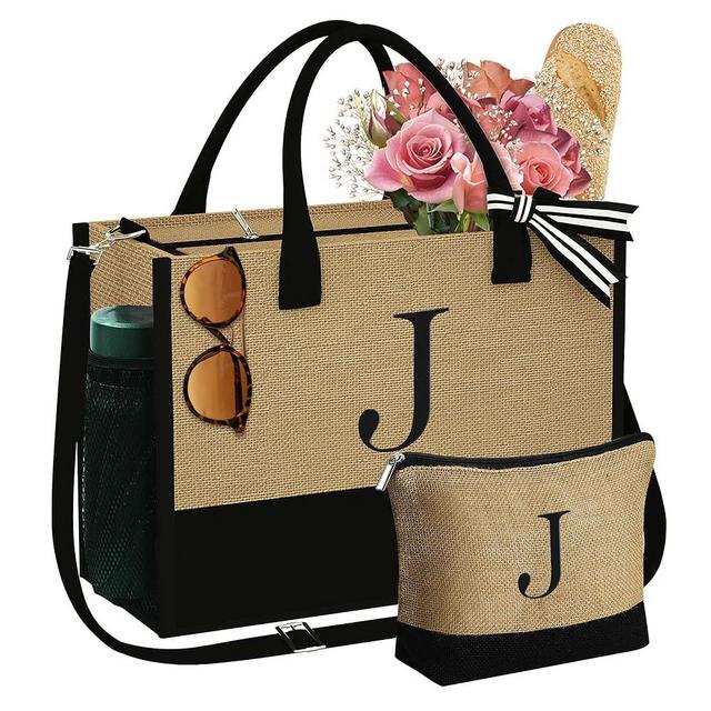 YOOLIFE Gifts for Women - Initial Jute Tote Bag & Makeup Bag with Zipper Pocket Adjustable Strap Birthday Gifts for Women Her