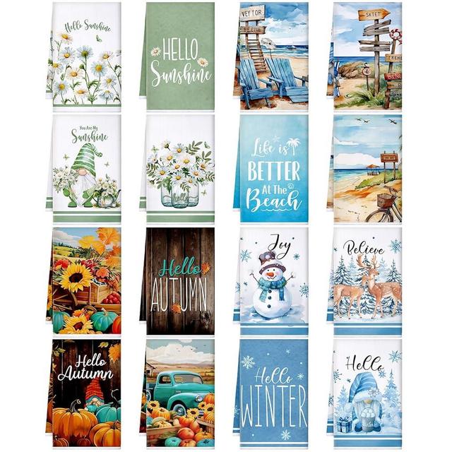 Bencailor 16 Count Spring Kitchen Towels Reusable Dish Towels Ultrafine Fiber Soft Quick Dry for Kitchen Holiday Absorbent, 16 x 24 Inches(Season)