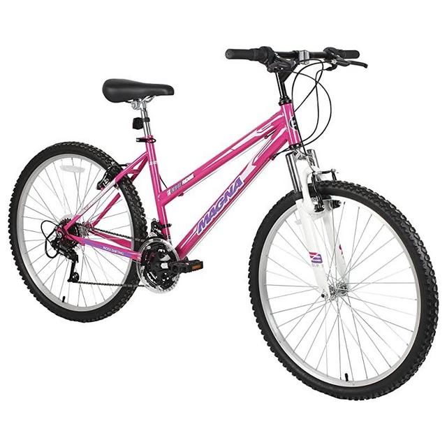 Dynacraft Magna Front Shock Mountain Bike Boys, Girls, Mens and Womens 24 and 26 Inch Wheels with 18 Speed Grip Shifter and Dual Handbrakes in Red, Purple, Pink and Black