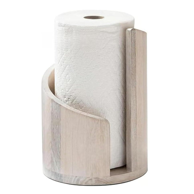 Mountain Paper Towel Holder Countertop with Wood Round Base and Iron Holders,Effortless One-Hand Tearing,for Kitchen Dining Bathroom Table Home Decor (White)