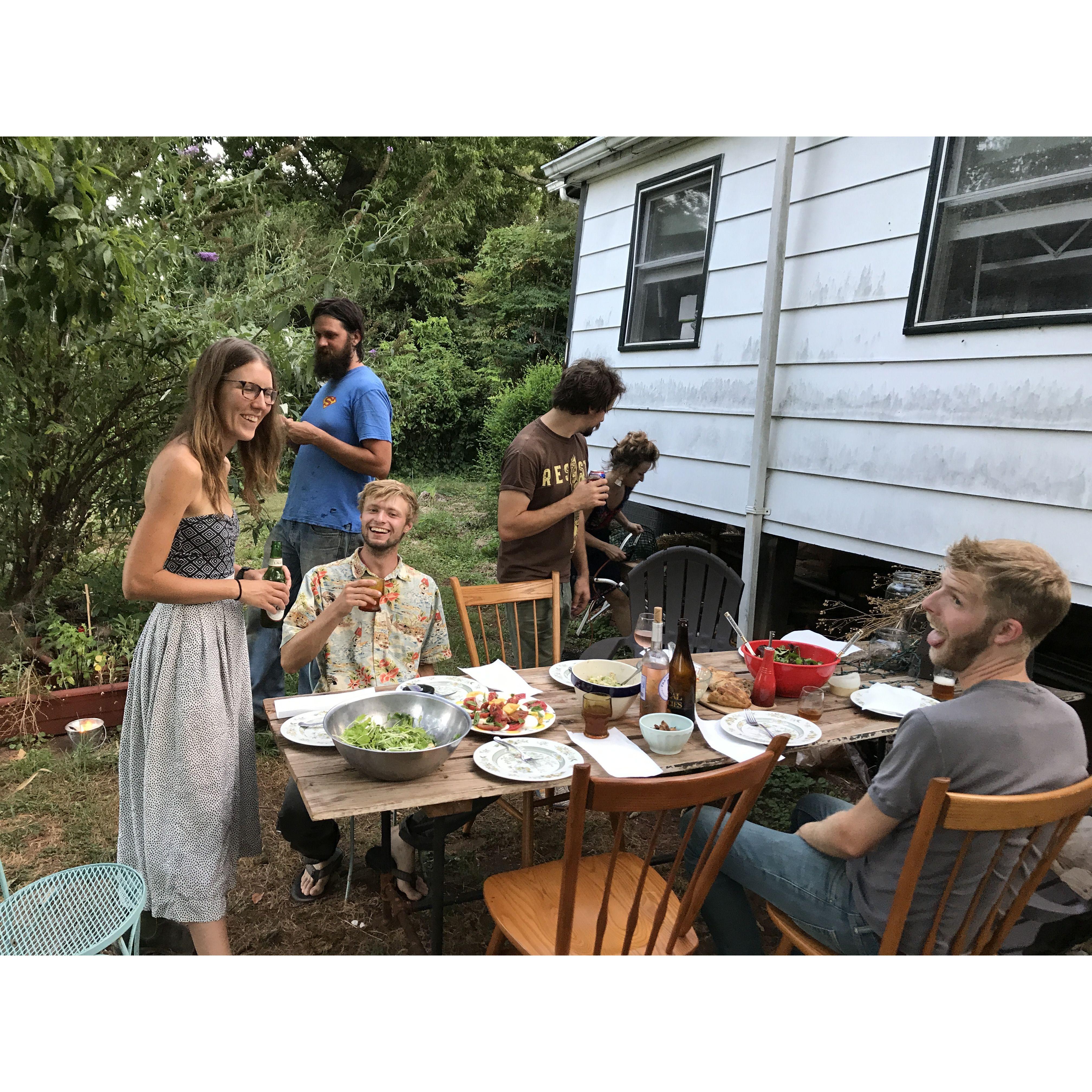 Typical dinner at the "Gardener's House" and one of our favorite activities -- eating good food with good people.