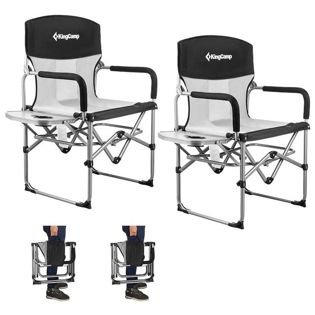 KingCamp Portable Director Camping Folding Chair Hard Arm with Handle and Side Table Support 300 lbs Perfect for Beach Sunbathing Backyard Outdoor Use, One Size, Black/MediumGrey-2 Pack