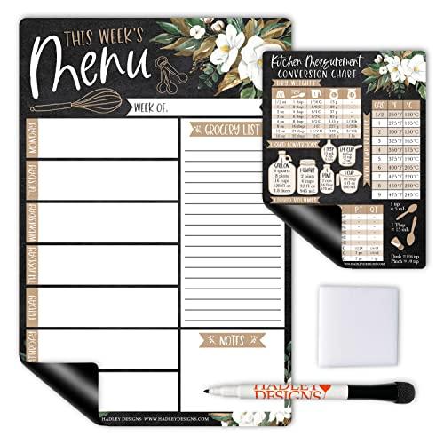 Magnolia Magnetic Weekly Meal Planner Dry Erase Board for Refrigerator - Magnetic Meal Planner for Refrigerator Dry Erase, Weekly Dinner Menu Board for Kitchen Conversion Chart Magnet, Grocery List