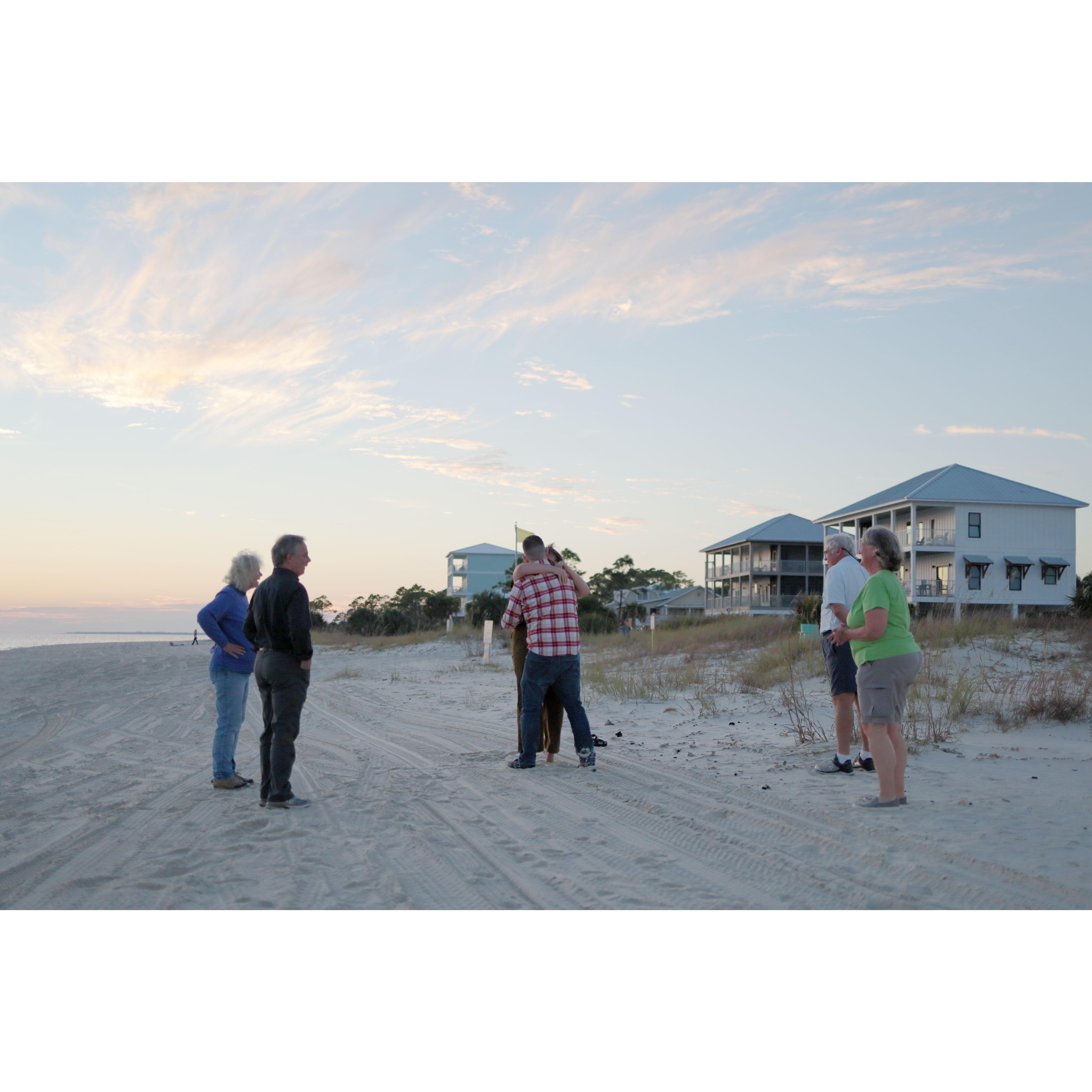 Jonathan proposed at sunset on Indian Pass beach surrounded by our families