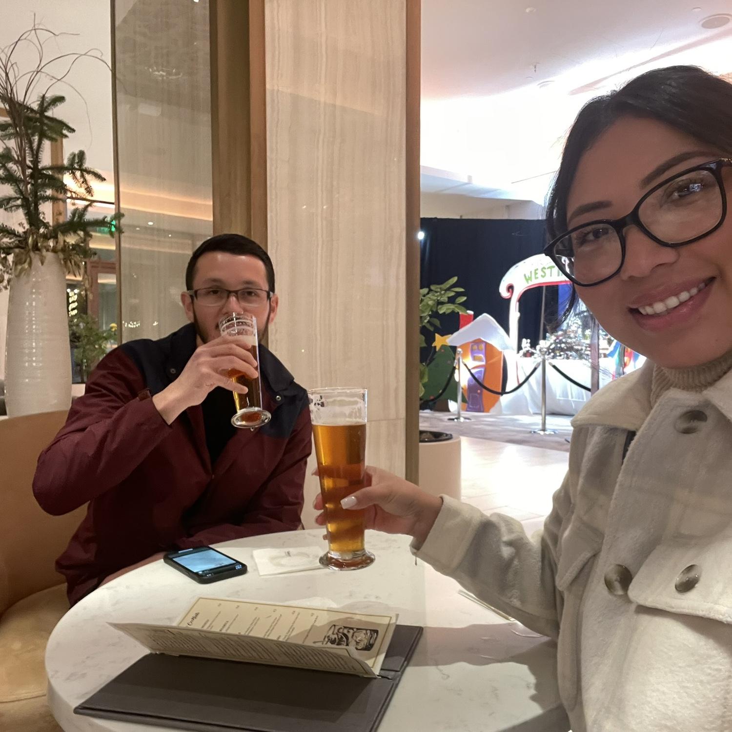 In Anaheim enjoying a beer before our dinner reservations
