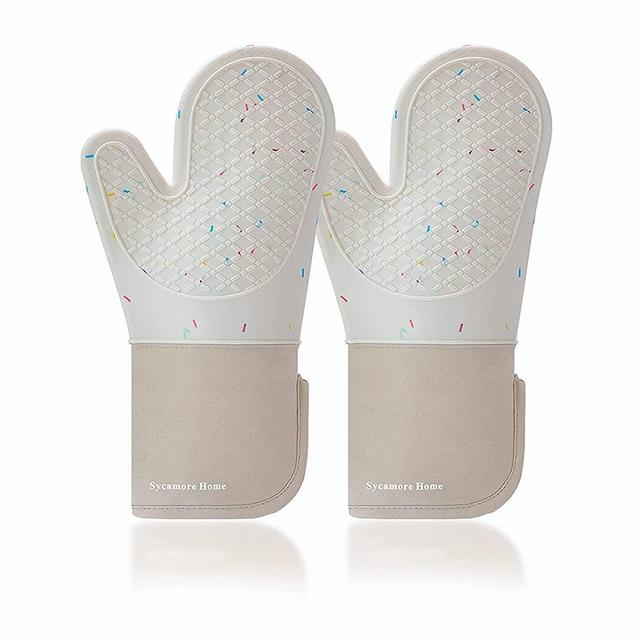 Sycamore Home Oven Mitts, Silicone + Cotton Lining + Cotton, 13 inches Extra Long Oven mitt, Easy Clean, Oven Mitts Heat Resistant, Non-Slip Texture, Kitchen Mittens