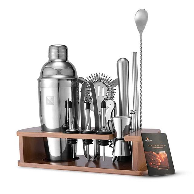 KITESSENSU Cocktail Shaker Set Bartender Kit with Stand | Bar Kit Drink Mixer Set for Drink Mixing - Bar Tools: Martini Shaker, Jigger, Strainer, Mixer Spoon, Muddler, Liquor Pourers, More | Silver