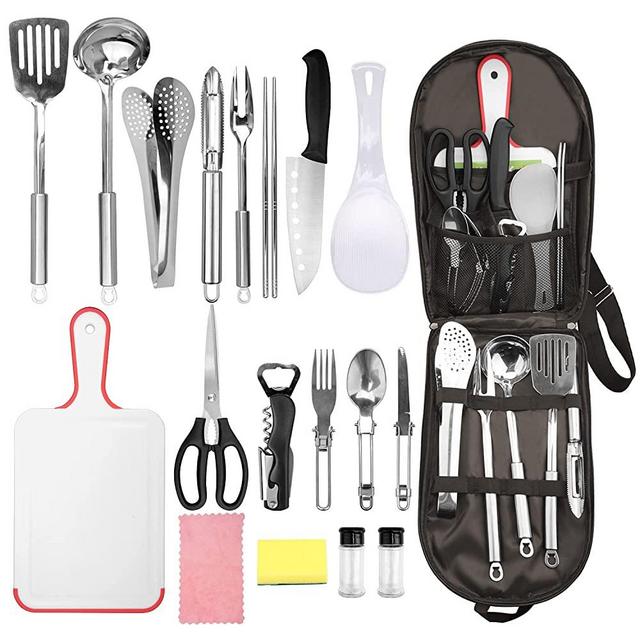 CCJK 19Pcs Portable Outdoor Utensil Cookware Set Stainless Steel Camping Kitchen Utensil Set with Carrying Organizer Backbag for Travel BBQ Grilling Picnic with Cooking Accessories for Party