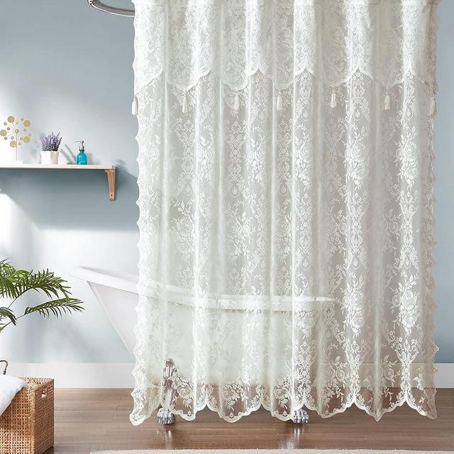 Warm Home Designs Ivory Lace Shower Curtain 108 x 72 Inches with Attached Valance & 10 Tassels. Luxury Farmhouse Shower Curtains for The Bathroom or Boho Shower Curtains for Bathroom. LA Ivory 108"