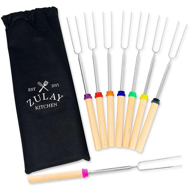 Zulay (8 Pack) Long 32 inch Marshmallow Roasting Sticks Extendable Design - Stainless Steel Smores Skewers for Camping, Bonfire, Fireplace - Extendable & Retractible Telescoping Marshmallow Sticks