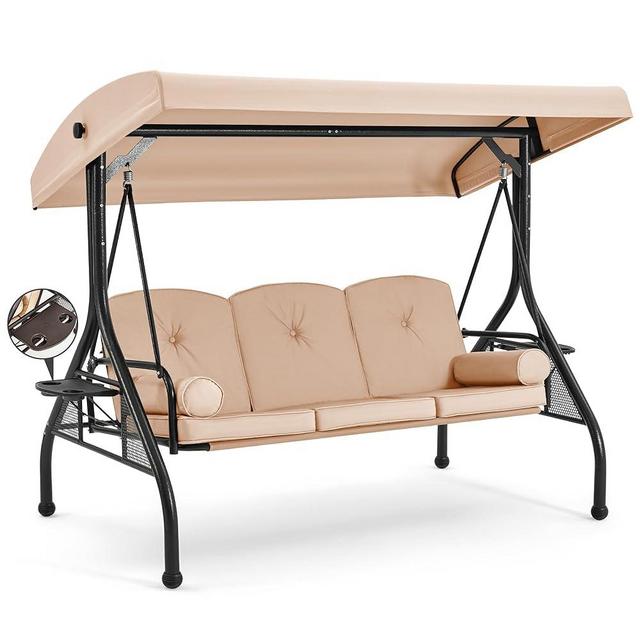 HOMREST 3 Seat Outdoor Porch Swing with Adjustable Canopy, Convertible Patio Swing Bed with Stand, Patio Glider Swing with Upgraded Cup Holder, Thicken Cushions ＆ Pillow for Backyard(Khaki)