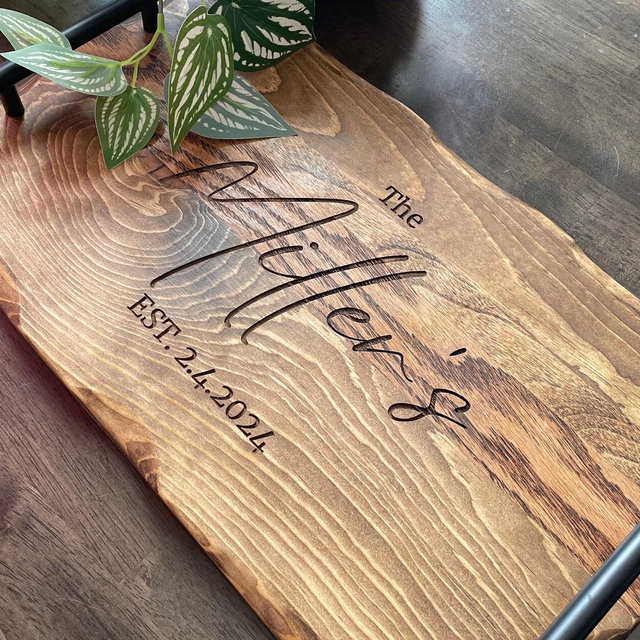 Personalized Rustic Serving Tray with Black Handles | Farmhouse Tray | Wood Serving Tray | Personalized Serving Tray | Custom Serving Board