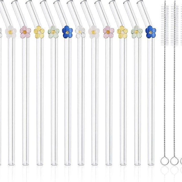 DUMING-IN 12 Pcs Reusable Glass Straws with 4 Cleaning Brushes, Cute Colorful Flower Glass Straws Shatter Resistant, Reusable Straws Dishwasher Safe for Smoothies, Milkshakes, Juices, Teas