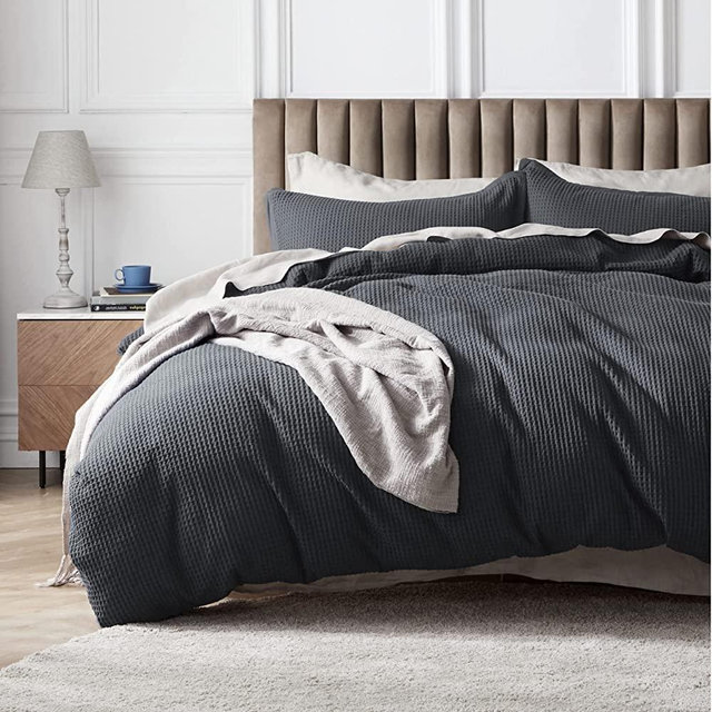 BEDSURE Cotton Duvet Cover King - 100% Cotton Waffle Weave Ebony Grey Duvet Cover King Size, Soft and Breathable King Duvet Cover Set for All Season (King, 104x90'')