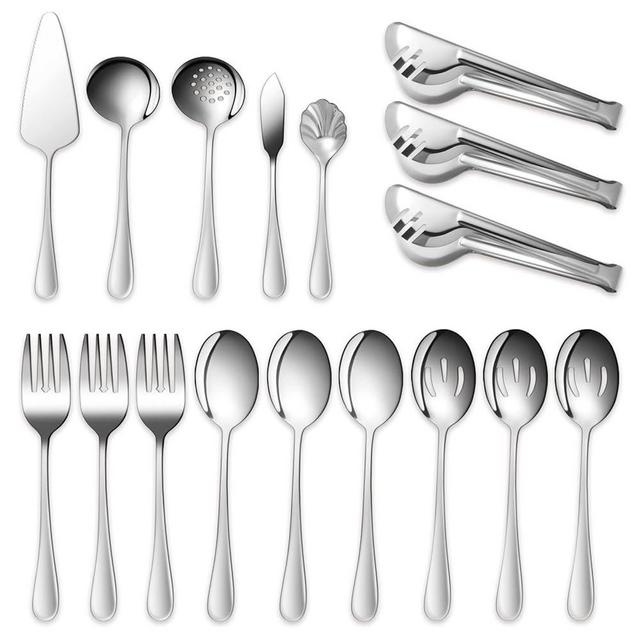 Stainless Steel Serving Utensil, 17 Pcs Catering Serving Utensils Set with Large Serving Spoon,Slotted Spoons,Serving Forks,Soup Ladle,Serving Tongs,Pie Server,Butter Knife for Parties,Kitchen,Buffet