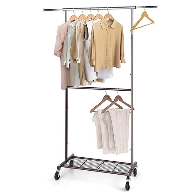 Simple Trending Standard Clothing Garment Rack, Rolling Clothes Organizer with Wheels and Bottom Shelves, Extendable, Bronze