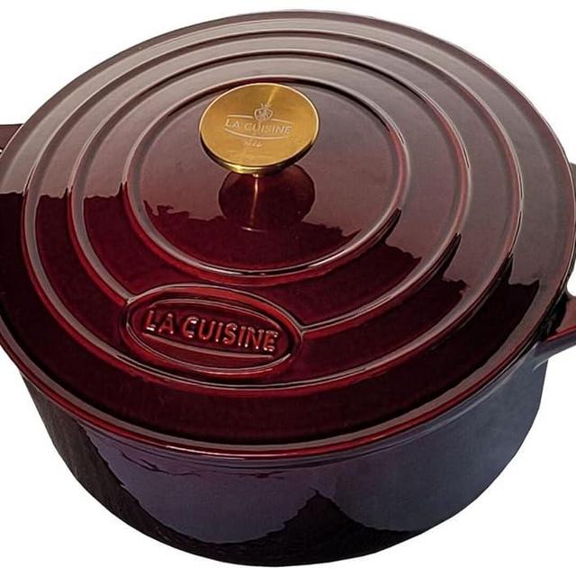 La Cuisine Enameled Cast Iron Dutch Oven Casserole Dish Pot with Lid, 5 QT 10.3“ Dia. Matte Black Enamel Interior, Cranberry Enamel Finish Exterior, Gold-Plated Stainless Steel Lid Handle Oven Safe