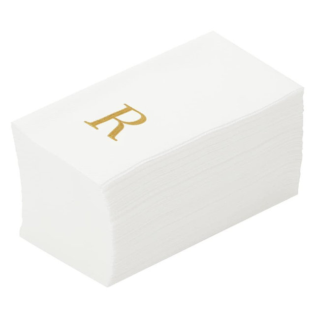 Luxenap 15.8 X 7.9 Inch Linen-Feel Guest Towels, 50 Lettered Hand Towels - Gold Letter 'R', Sans Serif Font, White Paper Dinner Napkins, airlaid, For Restrooms And Tables