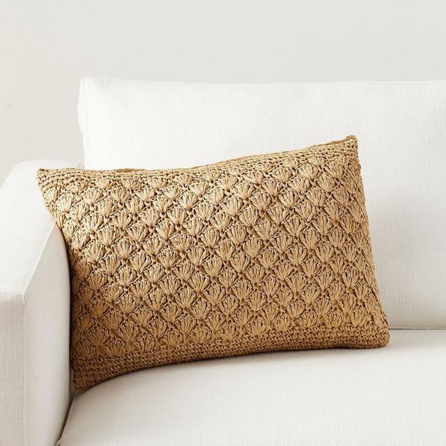Handwoven Faux Natural Fiber Crochet Lumbar Pillow Cover, 14" x 20", Natural
