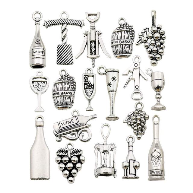WOCRAFT 50pcs Craft Supplies Antique Silver Tasting Wine Grape Cocktail Glass Wine Opener Charms for Jewelry Making Findings Crafting Accessory for DIY Necklace Bracelet (M307)