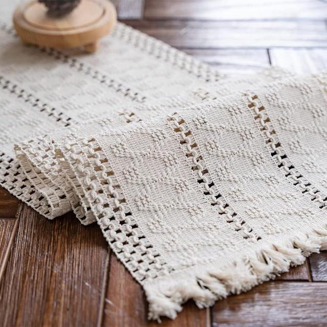 Alynsehom Macrame Table Runner Cream Beige Boho Table Runner with Tassels Hand Woven Cotton Table Runner Rustic Farmhouse Table Runner for Bohemian Kitchen Dining Table(12x36in)