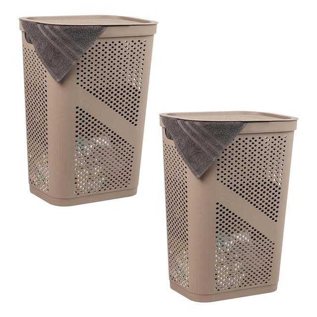 Mind Reader Basket Collection, Slim Laundry Hamper, 60 Liter (15g/33lbs) Capacity, Cut Out Handles, Attached Hinged Lid, Ventilated, Set of 2, Tan