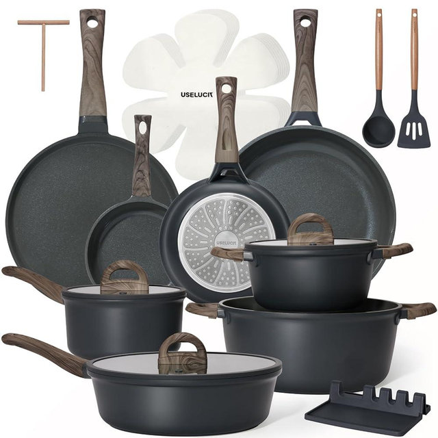 Pots and Pans Set Nonstick 22 Pcs, Ceramic cookware set Non-Toxic CoatingGray Granite Kitchen Cookware Set, Induction Kitchen Cooking Set w/Frying Pans, Saucepans & Glass Lids, PFOS & PFOA Free