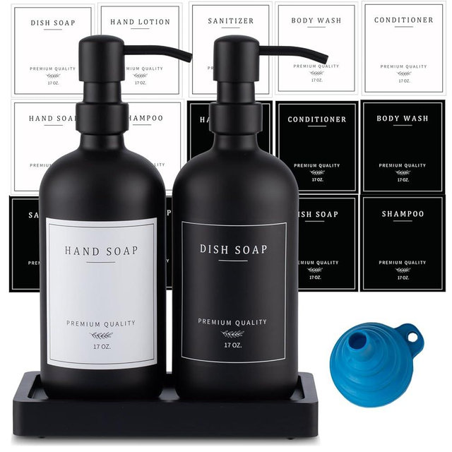 Black Thick Glass Soap Dispenser - Farmhouse Kitchen Dish &Hand Soap Dispenser Set, 304 Rustproof Pump Lotion Dispenser Bathroom with Tray, 14 Waterproof Stickers for Kitchen Decor Sink