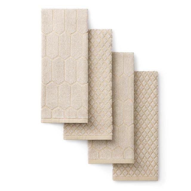 Martha Stewart Honeycomb Chambray Textured Kitchen Towel 4-Pack Set, 100% Cotton with Absorbent Terrycloth, Decorative Kitchen Towels, Natural, 16"x28"